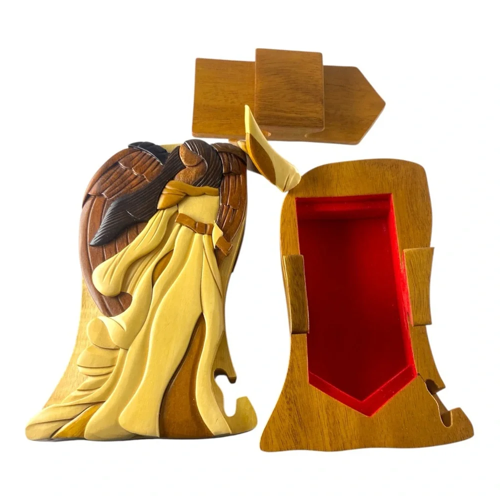 Vintage Hand Carved Wooden Christmas Angel Puzzle‎ Trinket Box Hidden Secre